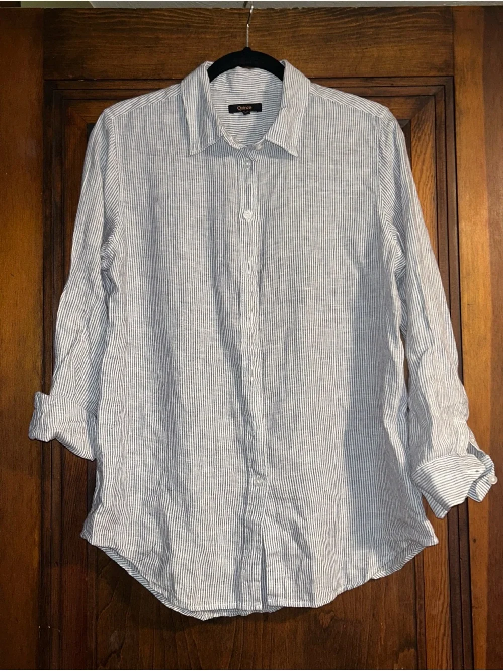 Quince 100% Linen Blue White Stripe Button Up Shirt M - Picture 1 of 7